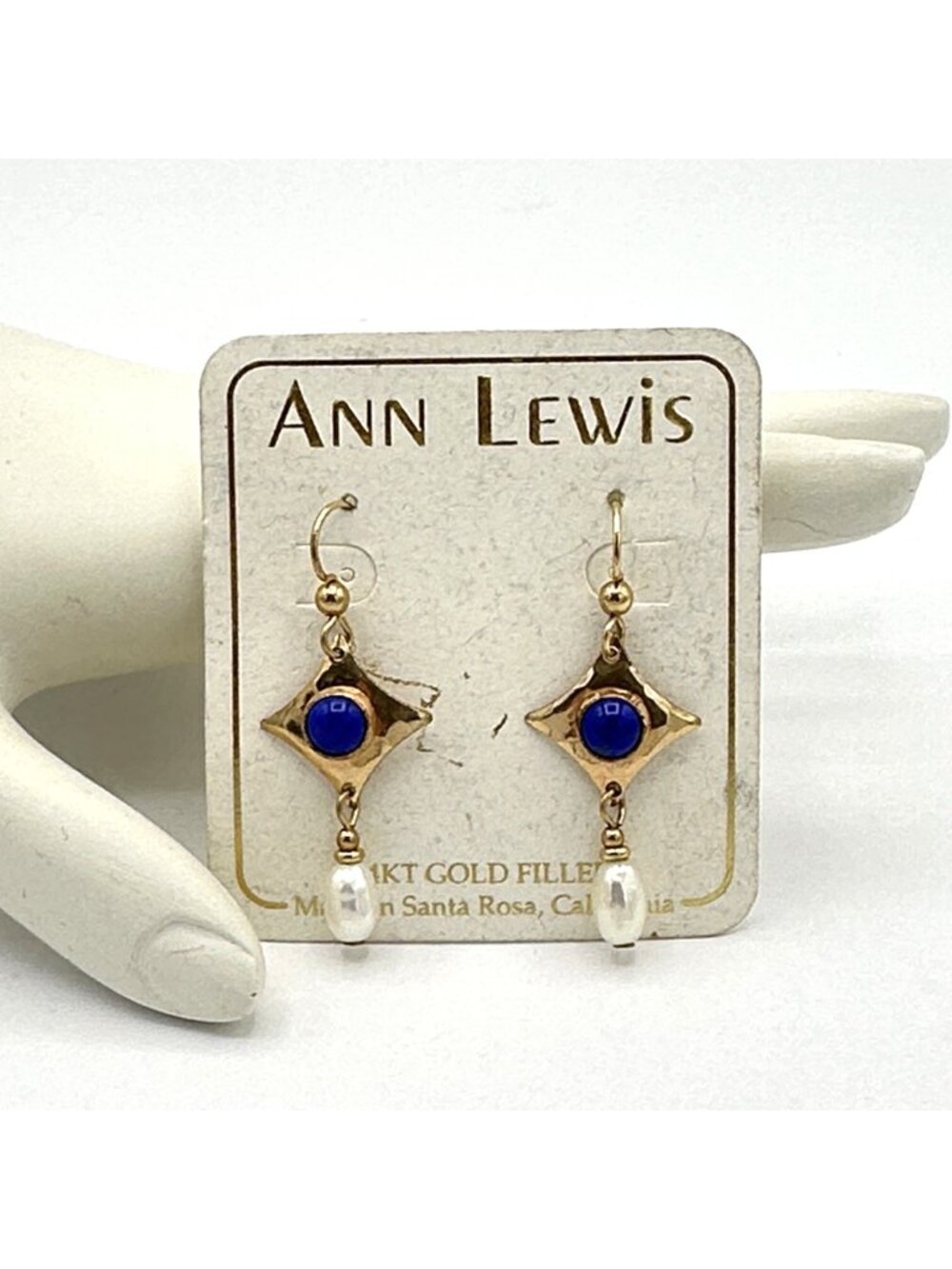 ANN LEWIS lapis lazuli earrings - 14K yellow gold-filled pearl drop on card 1.5"